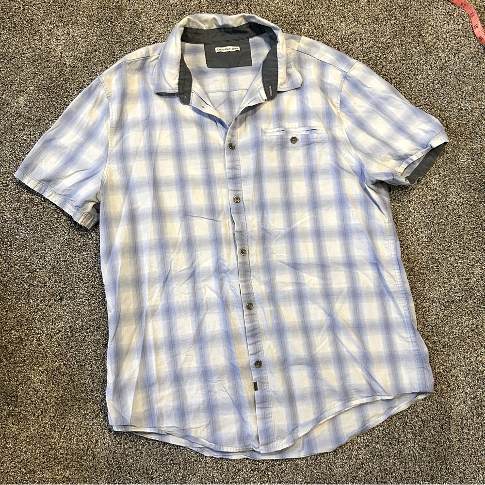 Calvin Klein Jeans Blue and White Plaid Short Sleeve Button-Up Top